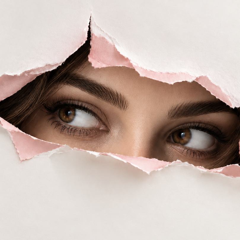 Mirada asomándose entre papel blanco y rosa